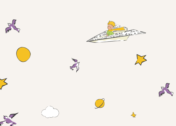 Le petit prince est assis dans un avion en papier sur les ailes duquel on peut distinguer quelques mots écrits.
Son écharpe jaune vole derrière lui.
On aperçoit autour de lui deux planètes jaunes, trois étoiles jaunes, un nuage blanc et quatre oiseaux gris qui volent.