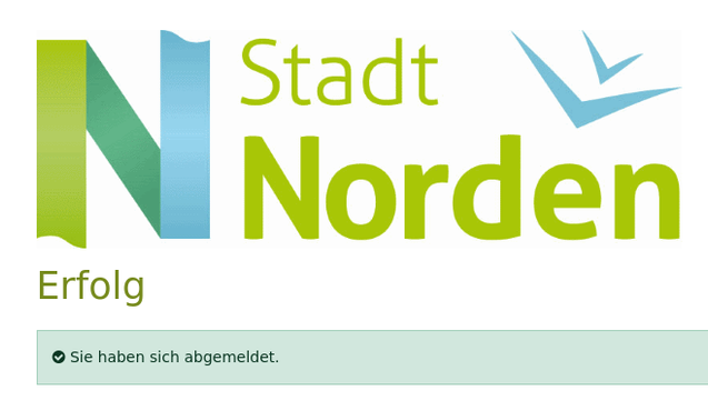 Logo der Stadt Norden mit dem Titel "Erfolg" und der MItteilung: "Sie haben sich abgemeldet"