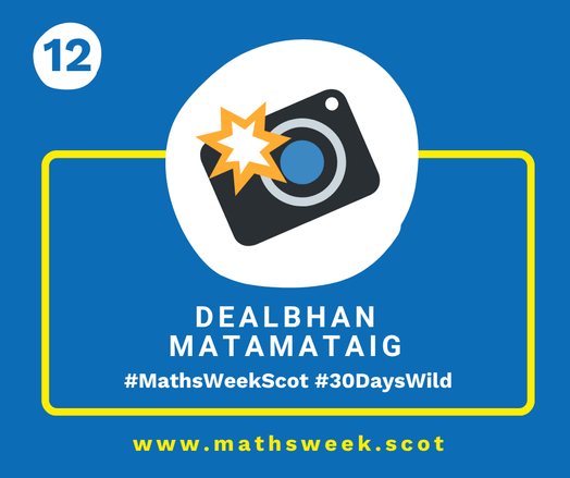 A colourful graphic with a blue background and a yellow frame. Overlapping the top of the frame is a white circle with a picture of a camera. Inside the yellow frame are the Gaelic words "Dealbhan Matamataig" and the hashtags #MathsWeekScot and #30DaysWild. Under the frame is the Maths Week website URL.