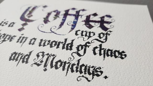 Angled close up of the smaller lettering showing the detail in the letters