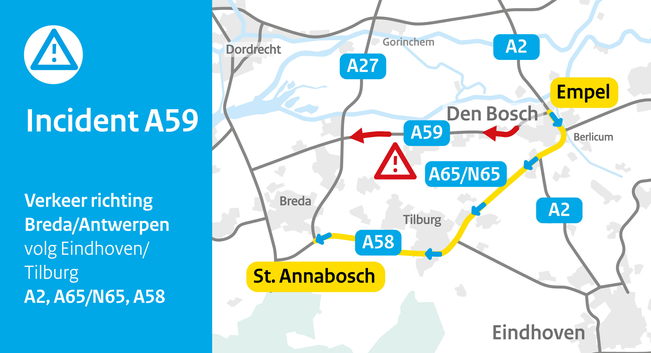 Incident op de A59. Verkeer richting Breda/Antwerpen volg Eindhoven/Tilburg via de A2, A65/N65 en de A58.