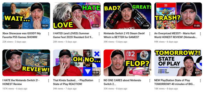 Screenshot of a youtube channel showing the same guy over and over again with always the same negative ragebait and facial expression.