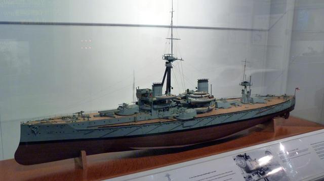 Model of HMS Dreadnought, the world's first all big gun battleship.
she rendered every other battleship obsolete, at one stroke.