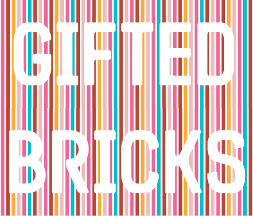 "GIFTED BRICKS" reversed-out on a stripe pink-ish background. mixed in with various pinks, is the odd bright blue and orange stripe.