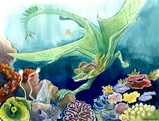 A dragoness diving with spread wings to a coral reef. She is looking at a moray. Drawing traditionally.