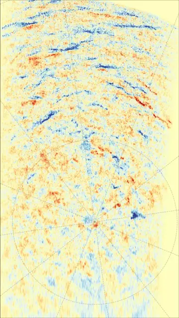 This image shows a magnetic field map from Solar Orbiter's Polarimetric and Helioseismic Imager (PHI) instrument, centred on the Sun's south pole. Blue indicates positive magnetic field, pointing towards the spacecraft, and red indicates negative magnetic field.  On an off-set concentric grid with an overall yellow base color, blue and red bent stripe-like structures are sprinkled across the field of view. © ESA & NASA/Solar Orbiter/PHI Team, J. Hirzberger (MPS)