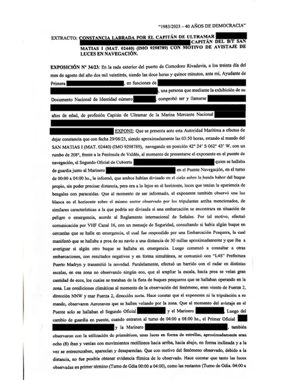 Documents from a USO case in Argentina 2023, witnesses saw up to eight orange lights emerge from the sea, moved in various directions, Captain Cristian Guillén said he saw a large dark grey object above the fleet like “an ancient zeppelin”
