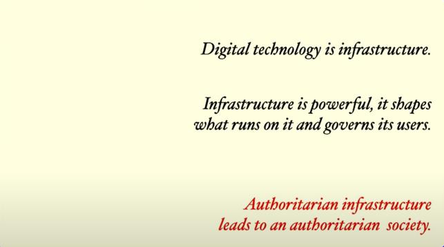 Digital technology is infrastructure.
Infrastructure is powerful, it shapes what runs on it and governs its users.
Authoritarian infrastructure leads to an authoritarian society.
