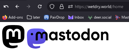 screenshot of wetdry.world having a symbolic mastodon logo right next to the normal mastodon logo (reading out the word "mastodon") on top of a simple white background in the top left corner