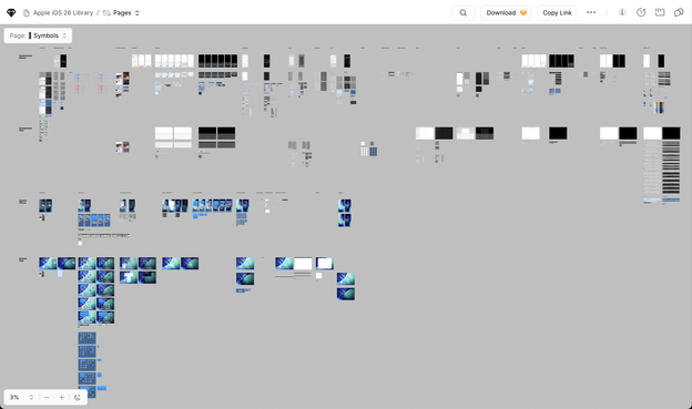 A bird’s-eye view of Apple’s official iOS 26 Sketch library showing tons of new design elements.