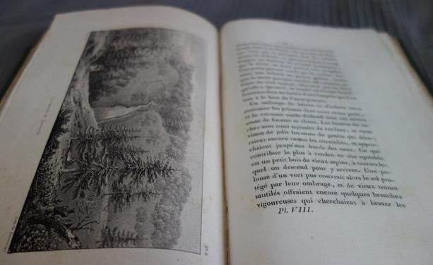 Photo d'une double page intérieure d'un livre d'Henri Lecoq sur le massif des monts Dore, montrant le texte et une gravure.