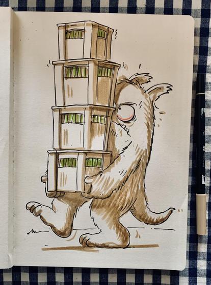A cartoon creature with furry brown hair is struggling to carry a tall stack of four containers with green bottles . The creature has wide eyes and a comical expression.
