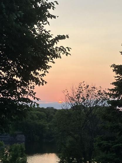 A leafy tree in shadow lines the left side of frame; the orange glow above a thin line of grey clouds and tiny gaseous ball in the background . The river through trees and the remains of an old bridge fill the central frame.