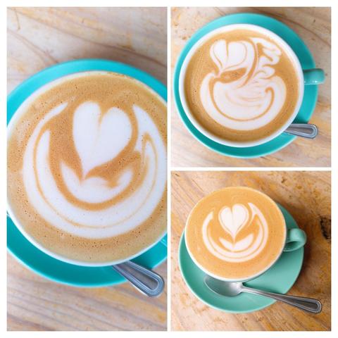 A collage of three photos each showing a flat white coffee in a cyan colored cup and saucer with a teaspoon. The flat whites show latte art of hearts and a swan.