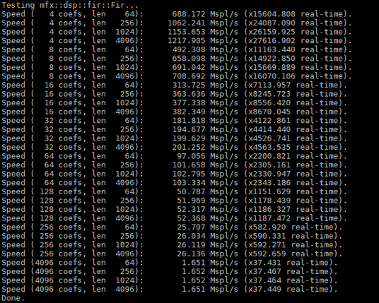 A screen capture of a terminal displaying the speed performance corresponding to various settings for the convolution algorithm.