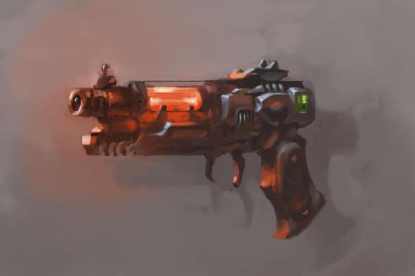 Digital painting of laser pistol, with glowing red tube replacing the barrel