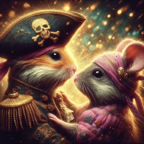 KI-Bild (DALL•E3):

Hamster Holly in seiner schicksten Piraten-Ausgeh-Uniform. Er hält glücklich seine Meeps im Arm, die in ihrem pinken Outfit mit passendem Piratinnen-Tüchlein um den Kopf auch ganz entzückend aussieht. Und jetzt bitte weggucken, die beiden wollen ungestört knutschen.