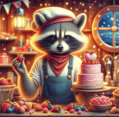 KI-Bild (DALL•E3):

Woody Waschbär, ab heute wieder Erster Maart und Smutje, in der Schiffsküche: er hat eine entzückende Erdbeertorte mit rosa Herzchen für Meeps und Holly gezaubert. Vielleicht bekommen alle anderen auch was ab? Zur Sicherheit probiert Woody erstmal die Deko-Erdbeeren. Und guckt leicht säuerlich, weil ich ihn dabei erwischt hab. Kicher.