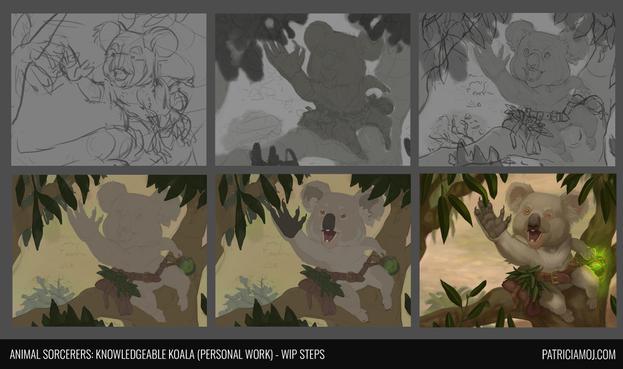 WIP steps showing various steps of the previously shared koala illustration