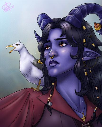 Digital illustration of a young tiefling woman with her pet seagull. She has dark puple skin with darker lips and curled horns (like a mountain goat?), her hair is black and her eyes more orange than gold. She wears lots of jewelry on her ears and a ring septum. She has a broken horn that has a piece of orange quartz instead of the tip, and also some golden ornaments on her hair on small braids. She has a bit of a fringe and long layered hair. She wears a dark red shirt with a brown leather vest. Her pet seagull is resting on her visible shoulder, he looks a bit annoyed and like he is screaming or something. They both look to their right, with a serious face. Background is a pale shade of green blue.