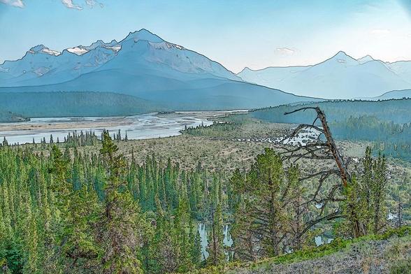 The sun shines over the North Saskatchewan River and the Canadian Rocky Mountains as seen from Howse Lookout in Banff National Park, Alberta, in watercolour.