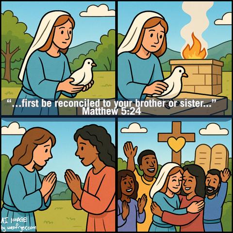 Four-panel illustration depicting a narrative related to reconciliation. The first panel shows a woman holding a dove. The second panel features her about to place the dove on a altar with a flame. The third panel displays two women praying and apologizing to each other