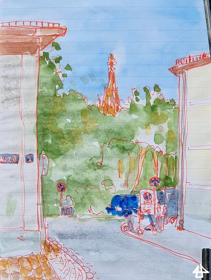 Einige Arbeitschritte zuvor, Aquarell noch weniger leuchtend, nur roter Fineliner kein dunklerer.