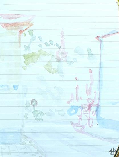 Einige Arbeitschritte zuvor, nur Aquarell als Skizze der Szene.