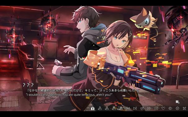 VN screenshot of a guy and a girl standing back to back. He has a tiny gun. She has a huge one. There are flying drones arond them and a floating cat-mascot-thing