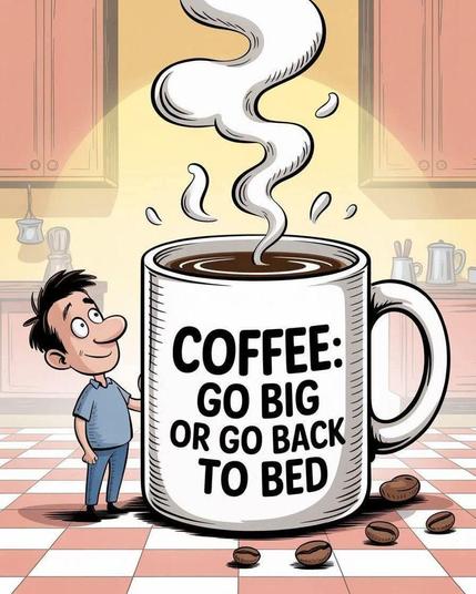Man looking at a gigantic cup of coffee with a message that reads "Go Big Out To Back To Bed"
