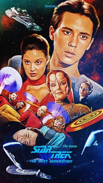 A poster for Star Trek The Next Generation episode The Game, featuring the faces of Wesley, Ashley Judd as Ensign Robin Lefler, a female alien with an unfortunate forehead design, and the Enterprise crew looking at a deactivated Data. Swirls and spouts from a video game decorate the poster.