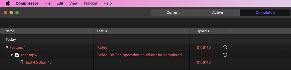 Error screen from the software Compressor, unable to convert a file. The error is saying "Failed: 3x The operation could not be completed".