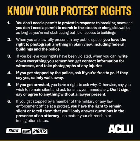 ACLU infographic lists six key protest rights, including no permit for sidewalks, right to photograph, document violations, remain silent, and request an attorney if detained.