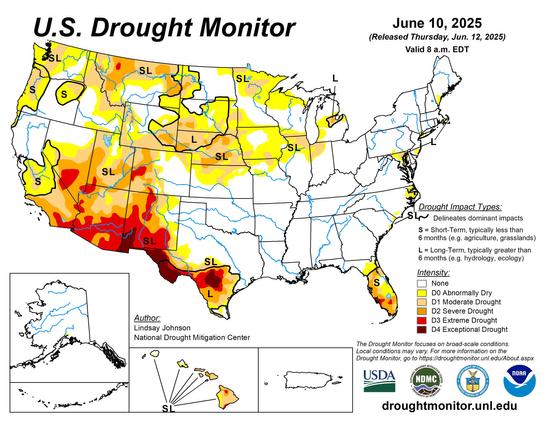 US Drought Monitor showing conditions for 6-12-25.