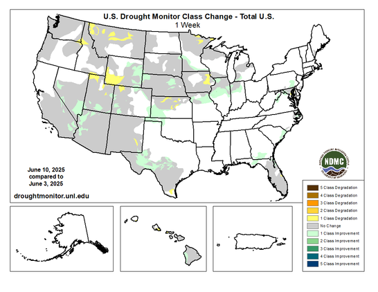 US Drought Monitor class change map comparing conditions from June 10 to June 3.