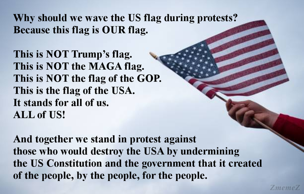 Meme with a hand waving a US flag with the following text:

Why should we wave the US flag during protests?
Because this flag is OUR flag.

This is NOT Trump’s flag. 
This is NOT the MAGA flag. 
This is NOT the flag of the GOP. 
This is the flag of the USA. 
It stands for all of us. 
ALL of US!

And together we stand in protest against those who would destroy the USA by undermining the US Constitution and the government that it created of the people, by the people, for the people.