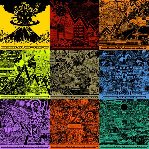 Three-by-three collage of nine of my releases' cover artworks from the 202X series, all chaotic two-colour cartoon collages of the first and second halves of each year's events respectively, coloured black and one other colour. I call this the "202X Aesthetic". From left-to-right, top-to-bottom, they are:

1. 2020 OVERTURE, yellow;
2. 2020 OVERKILL, red;
3. 2021 OVERRUN, orange;
4. 2021 OVERCOME, fluorescent green;
5. 2022 OVERTURN, khaki;
6. 2022 OVERVIEW, blue;
7. 2023 OVERRULE, pink;
8. 2023 OVERHEAT, burnt orange; and
9. 2024 OVERFLOW, teal.

Not shown here is the tenth track 2024 OVERWHELM, which is faint brownish-grey.