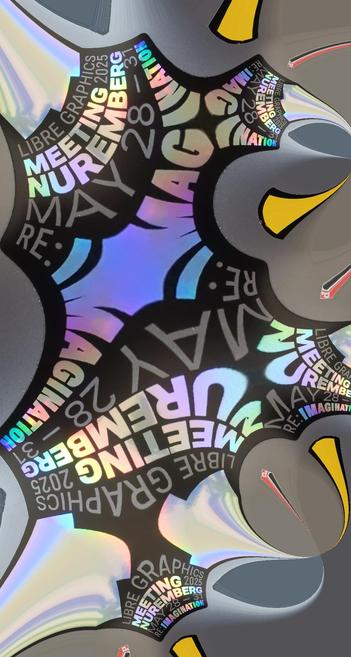 A sticker with the text "Libre Graphics Meeting 2025 Nuremberg May 28-31 RE: Imagination" distorted using the Poleidocam F-Droid App