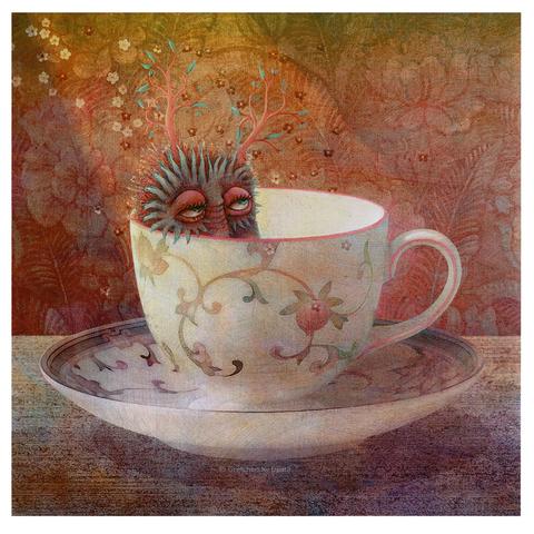 Set against a rosy colored wallpaper with pale blooms, a dainty china teacup decorated with swirling buds, sits quietly on a table top. Inside, a strange being reposes, with heavily lidded eyes. Atop its head are pink branches with teal colored leaves. It appears to be deeply pondering the universe as it slips into a blissful sleep.