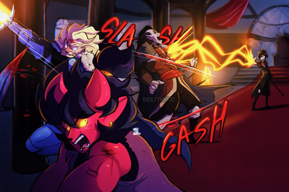 A digital drawing of an intense battle against the vampire lord Strahd Von Zarovich in the castle of Ravenloft. Two characters run forward, striking Strahd with their blades. The first is a blonde bearded human man wearing silver armor with blue fabrics. He wields the sun sword, gashing the vampire lord across his chest. The second is an Oni, who gashes the knees of Strahd with a long curve blade. She has black hair tied up into a bun with thick red horns and a furious expression. Strahd reels back in pain from the strikes, quickly followed by a barrage of fire into his chest from a slender figure further back. He has long black hair and is dressed in fine cloth and leather.