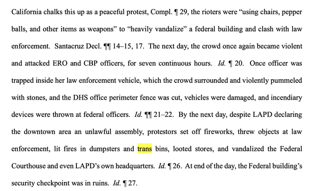 Text excerpt discussing a violent protest involving clashes between rioters and law enforcement, vandalism of federal property, and events leading to the declaration of an unlawful assembly. Key incidents include attacks on officers, damage to vehicles, and fires set in dumpsters and trash…