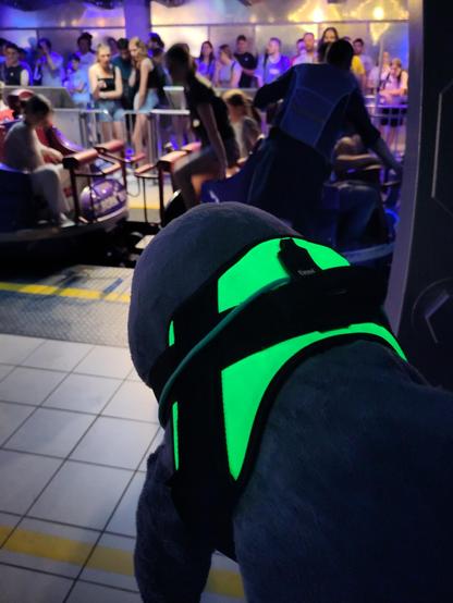 A Blåhaj cuddly shark looking at a train at the station of a rollercoaster. The Blåhaj is only a silhouette, but the haj-vis harness they are wearing, is lighting up bright yellow.

That was a cool ride, the humans liked very much to do it with you, Hapi!