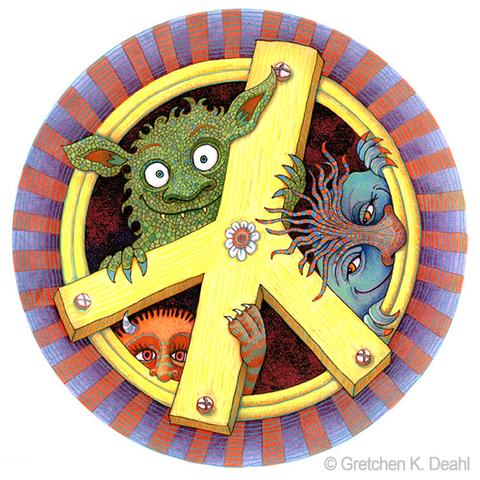 On a white background, three smiling monsters, green, orange and blue peak out from behind an iconic peace sign.