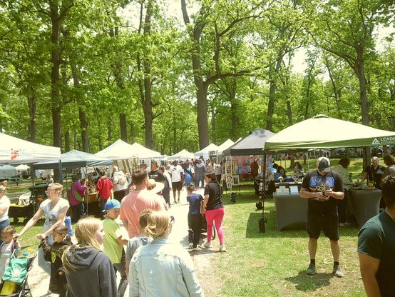 A sunny, eye-level, full shot captures a vibrant outdoor market scene. Numerous white and green vendor tents are scattered across a grassy area under a canopy of tall, leafy trees. A diverse crowd of people, including adults and children, are seen walking around and interacting with the stalls. Some individuals are visible at various distances, some facing away, some facing towards the viewer, and others in profile. The ground is a mix of green grass and dirt paths.