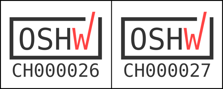 OSHWA certification ID logos next to each other. Left one is the BearExxa 1.0 with ID CH000026 and right one is the 2.0 with ID CH000027