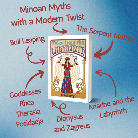 Paperback copy of Tales from the Labyrinth: Modern Minoan Myths by Laura Perry on a blue background. The cover features the Minoan Snake Goddess with a labyrinth behind her. The book is surrounded by snippets of text connected to the book by arrows. The text reads, "Minoan Myths with a Modern Twist, Bull Leaping, The Serpent Mother, Goddesses Rhea Therasia Posidaeja, Ariadne and the Labyrinth, Dionysus and Zagreus."