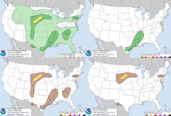 Scattered areas of strong thunderstorm development are possible today into tonight, accompanied by potential for severe hail and wind across parts of the Great Plains, the Upper Midwest, the Texas coastal plains into lower Mississippi Valley and a small portion of the northern Mid Atlantic. WeatherAwareDay #weather #wx #SPC #TheOutpost #SevereWeather 


Excessive Rainfall in the Southern Plains, Ozarks, and Upper Midwest Thursday
Heavy thunderstorms will continue areas of excessive rainfall and locally considerable flooding over parts of the southern Plains into the mid-Mississippi River Valley through Friday. Heavy to excessive rainfall may bring flash and urban flooding, along with isolated riverine flooding to a part of the Upper Midwest Thursday