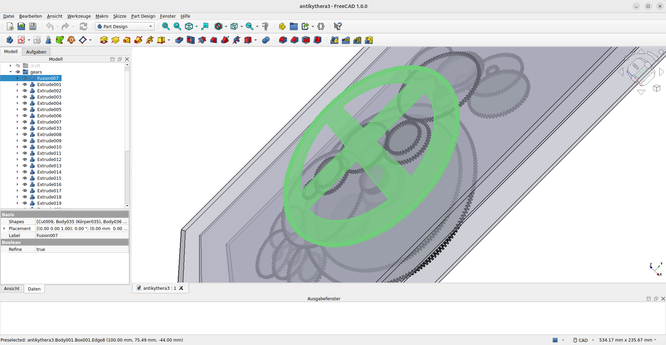 CAD software with the complete gearing of the historical Antikythera Mechanism (screenshot).