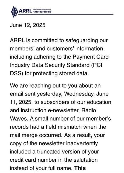 A letter from ARRL (The National Association for Amateur Radio) dated June 12, 2025, addressing a data security issue related to a newsletter email sent on June 11, 2025.