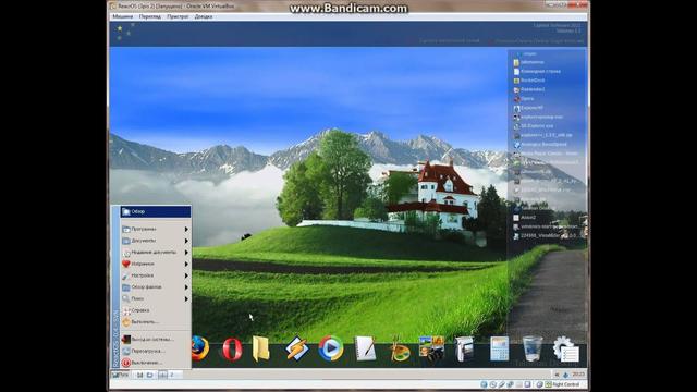 A screenshot of a virtual machine running ReactOS with a landscape wallpaper including mountains, clouds, green hills and a large house. A start menu is open on the left. The top right contains a list of files and programs. The bottom of the screen shows a task bar with icons. A text overlay at the top says "www.Bandicam.com".
